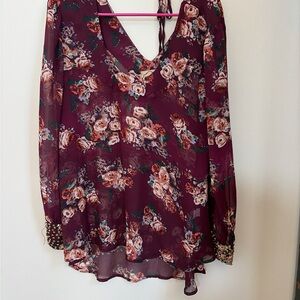 V-Neck Floral Chiffon Tunic - Burgundy Floral